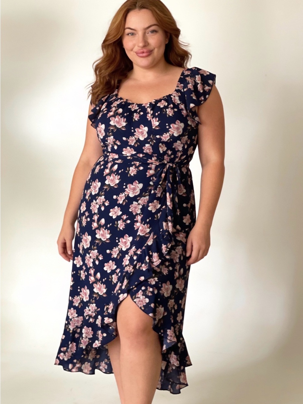 Floral Navy High-Low Wrap Dress with Ruffle Trim